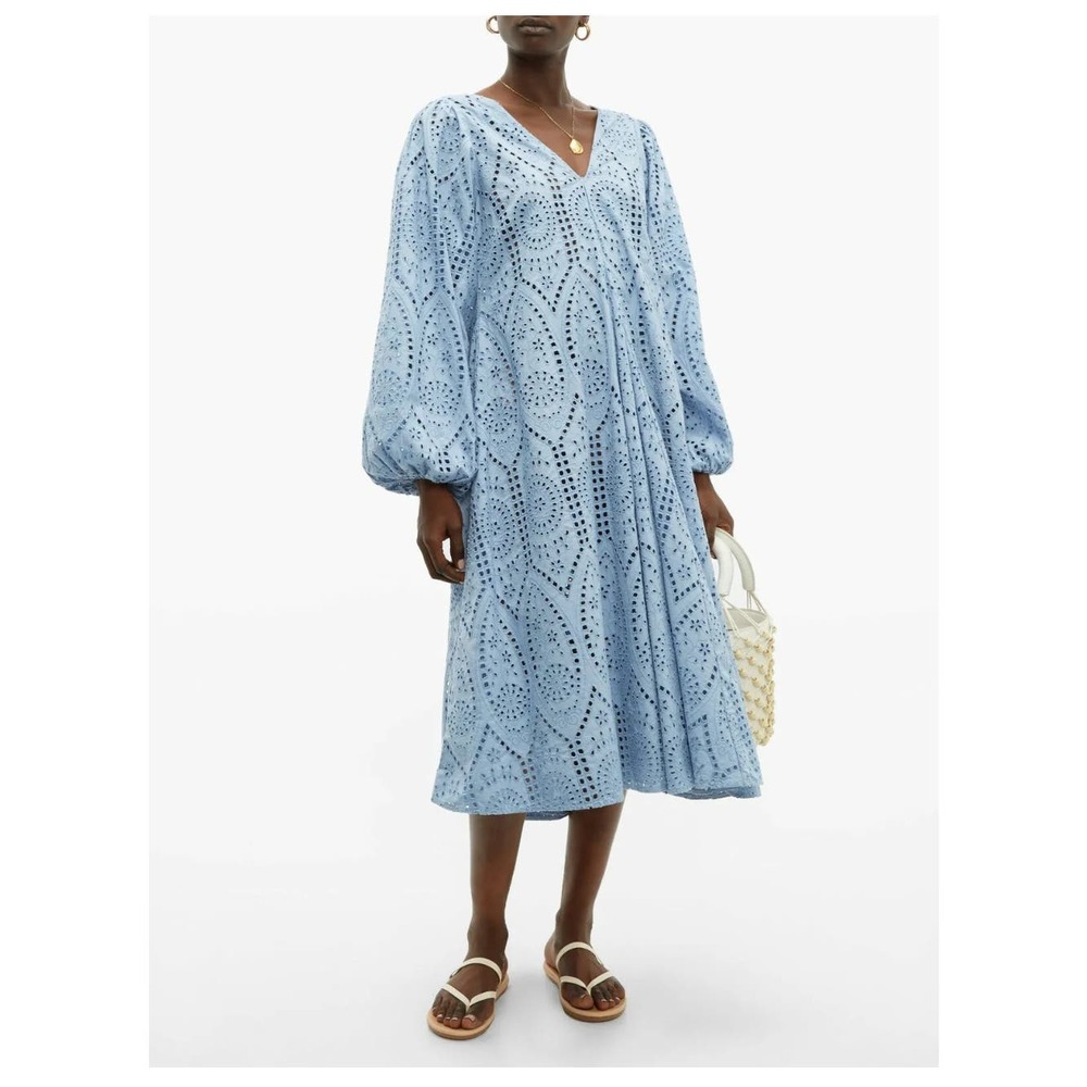 GANNI Broderie Anglaise Eyelet Lace Midi Dress 34 Light Blue
